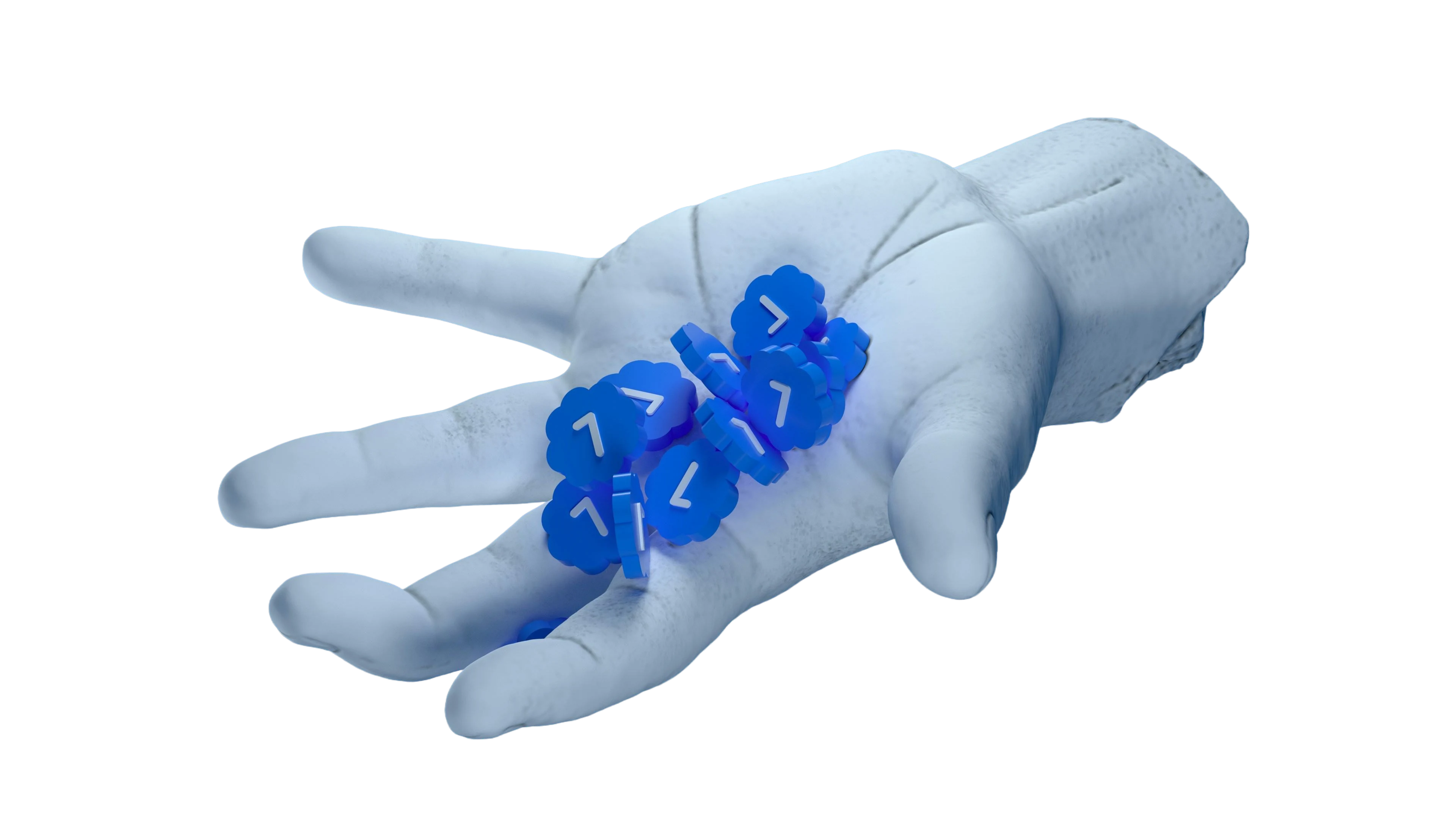 Gloved hands holding a blue molecular model